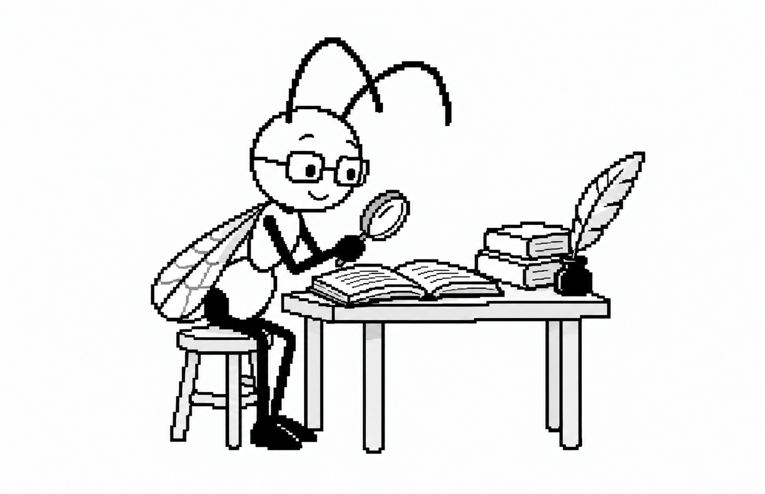 Anty studying an open book with a magnifying glass at a desk